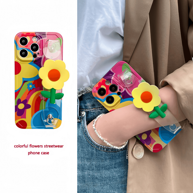 Colorful 3D Flower Grip Phone Case with Wrist & Crossbody Strap
