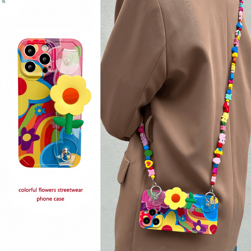 Colorful 3D Flower Grip Phone Case with Wrist & Crossbody Strap
